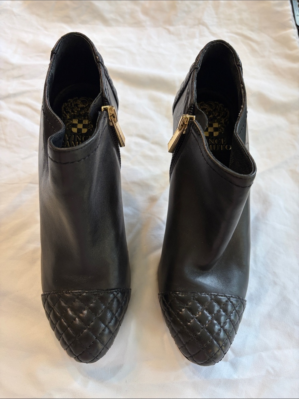 Vince Camuto Black Quilted Cap-Toe Leather Ankle Booties with Gold Zipper